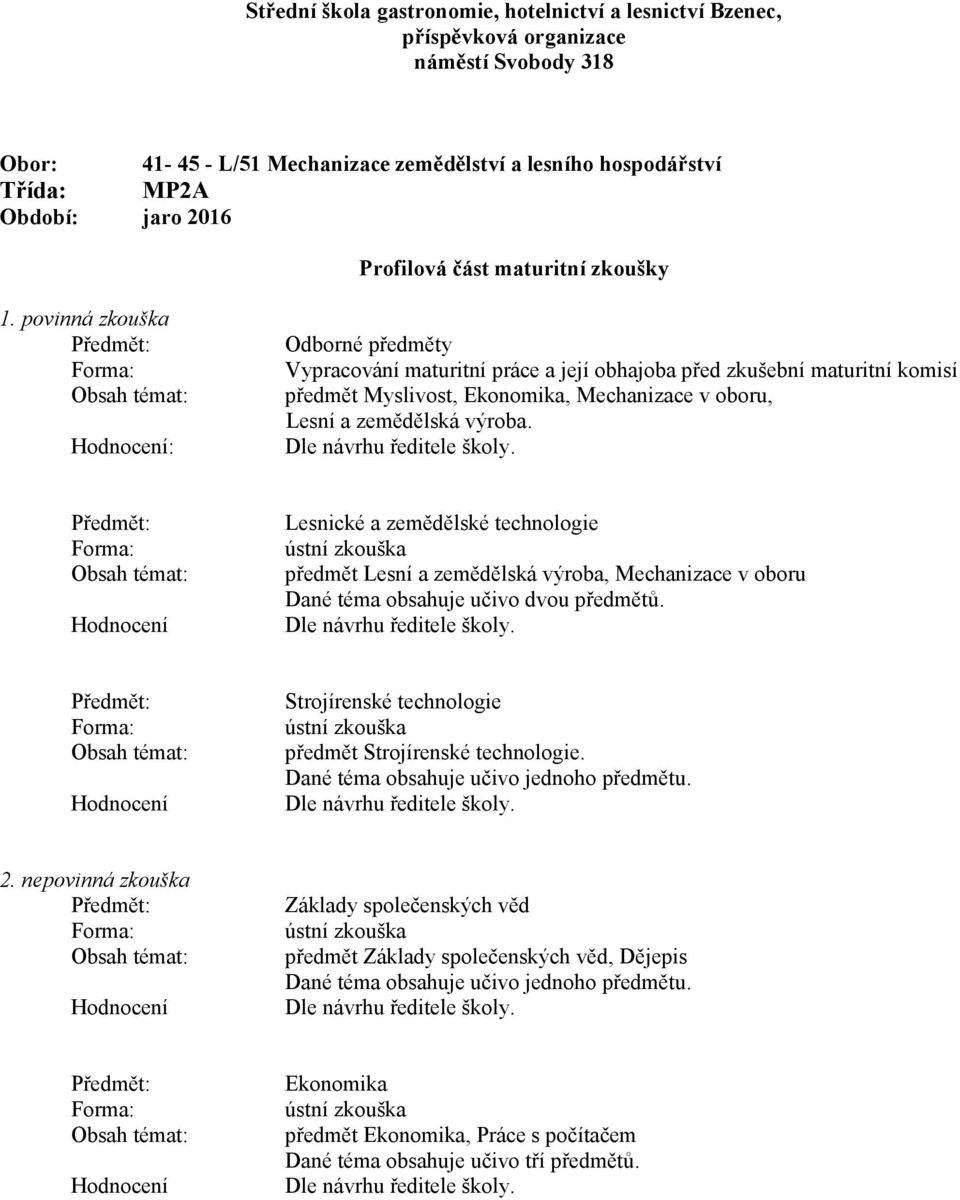 povinná zkouška : Odborné předměty Vypracování maturitní práce a její obhajoba před zkušební maturitní komisí předmět Myslivost, Ekonomika, Mechanizace v oboru, Lesní a zemědělská výroba.