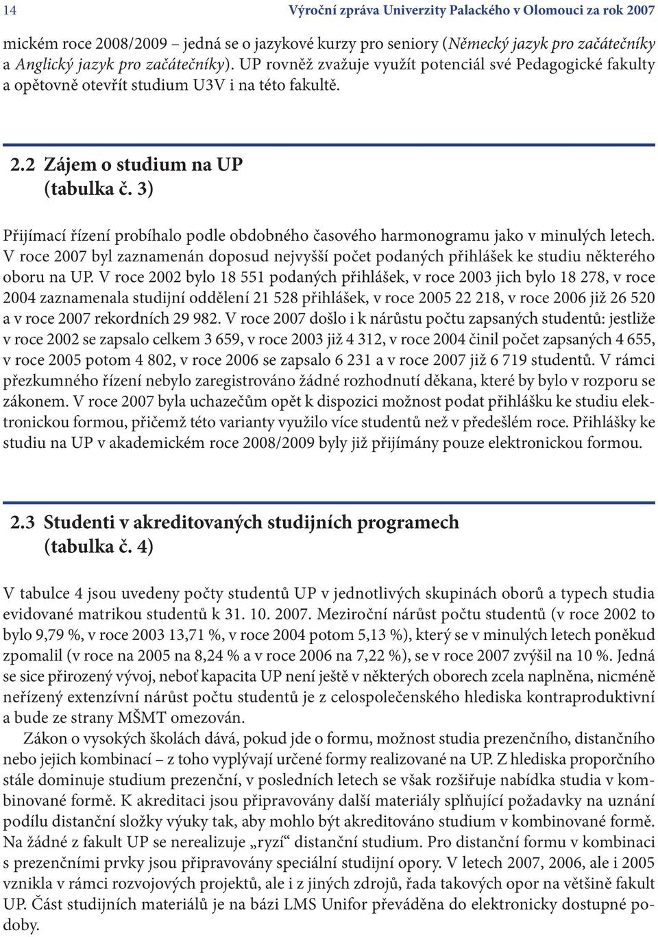 3) Přijímací řízení probíhalo podle obdobného časového harmonogramu jako v minulých letech. V roce 2007 byl zaznamenán doposud nejvyšší počet podaných přihlášek ke studiu některého oboru na UP.