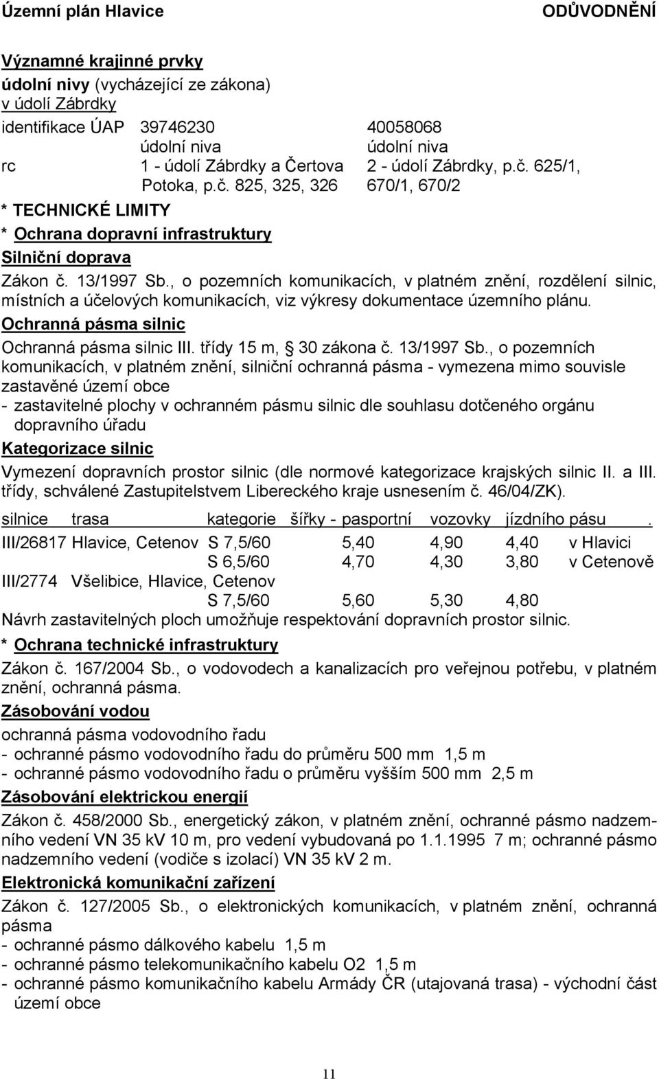 , o pozemních komunikacích, v platném znění, rozdělení silnic, místních a účelových komunikacích, viz výkresy dokumentace územního plánu. Ochranná pásma silnic Ochranná pásma silnic III.