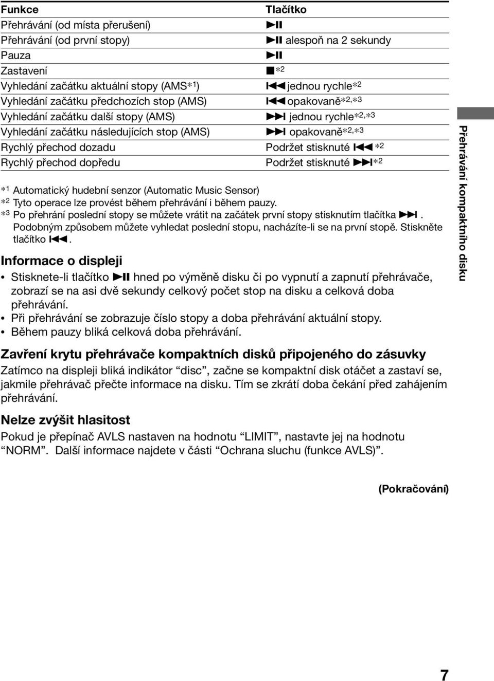 opakovaně* 2, * 3 Vyhledání začátku další stopy (AMS) > jednou rychle* 2, * 3 Vyhledání začátku následujících stop (AMS) > opakovaně* 2, * 3 Rychlý přechod dozadu Podržet stisknuté.