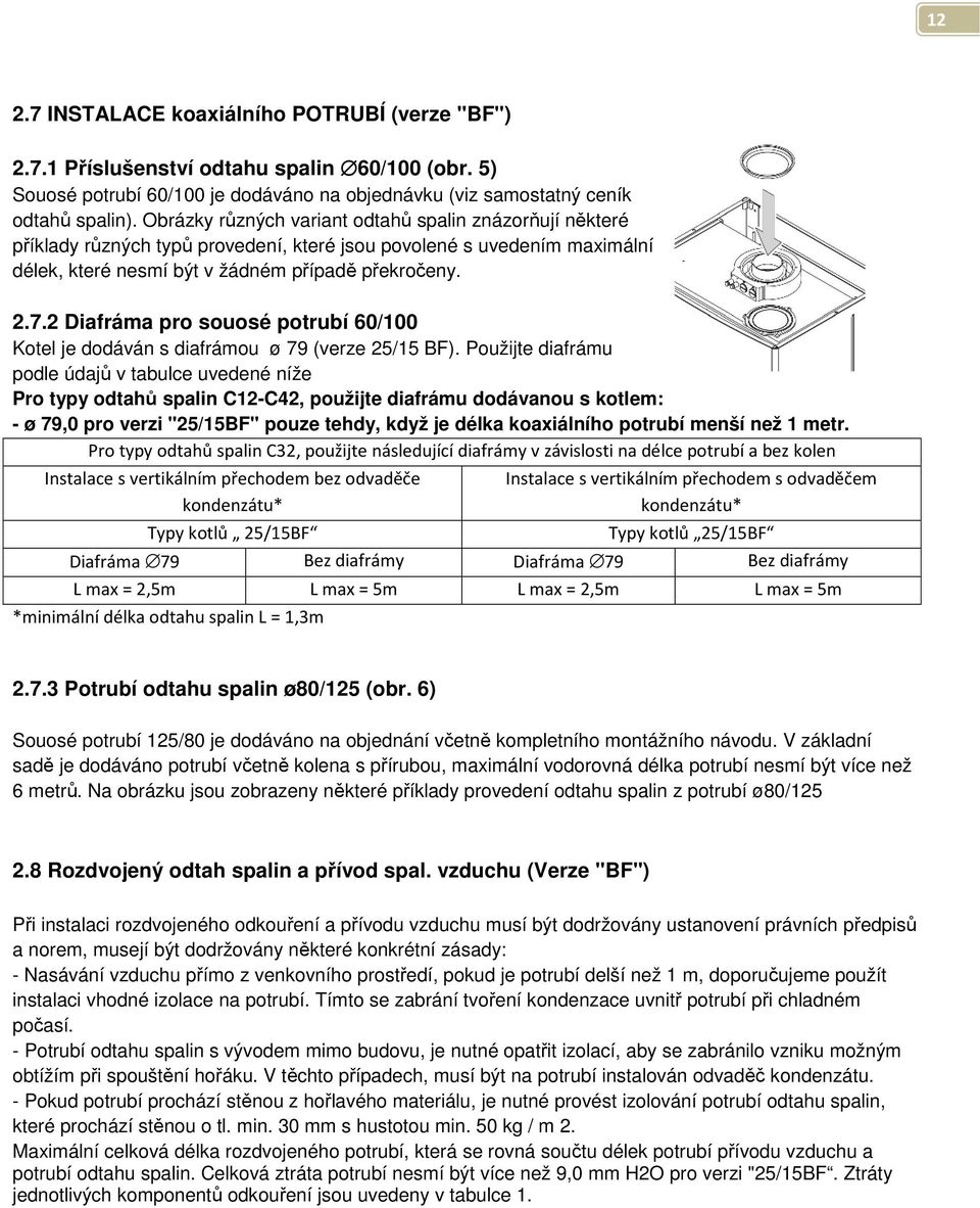 2 Diafráma pro souosé potrubí 60/100 Kotel je dodáván s diafrámou ø 79 (verze 25/15 BF).