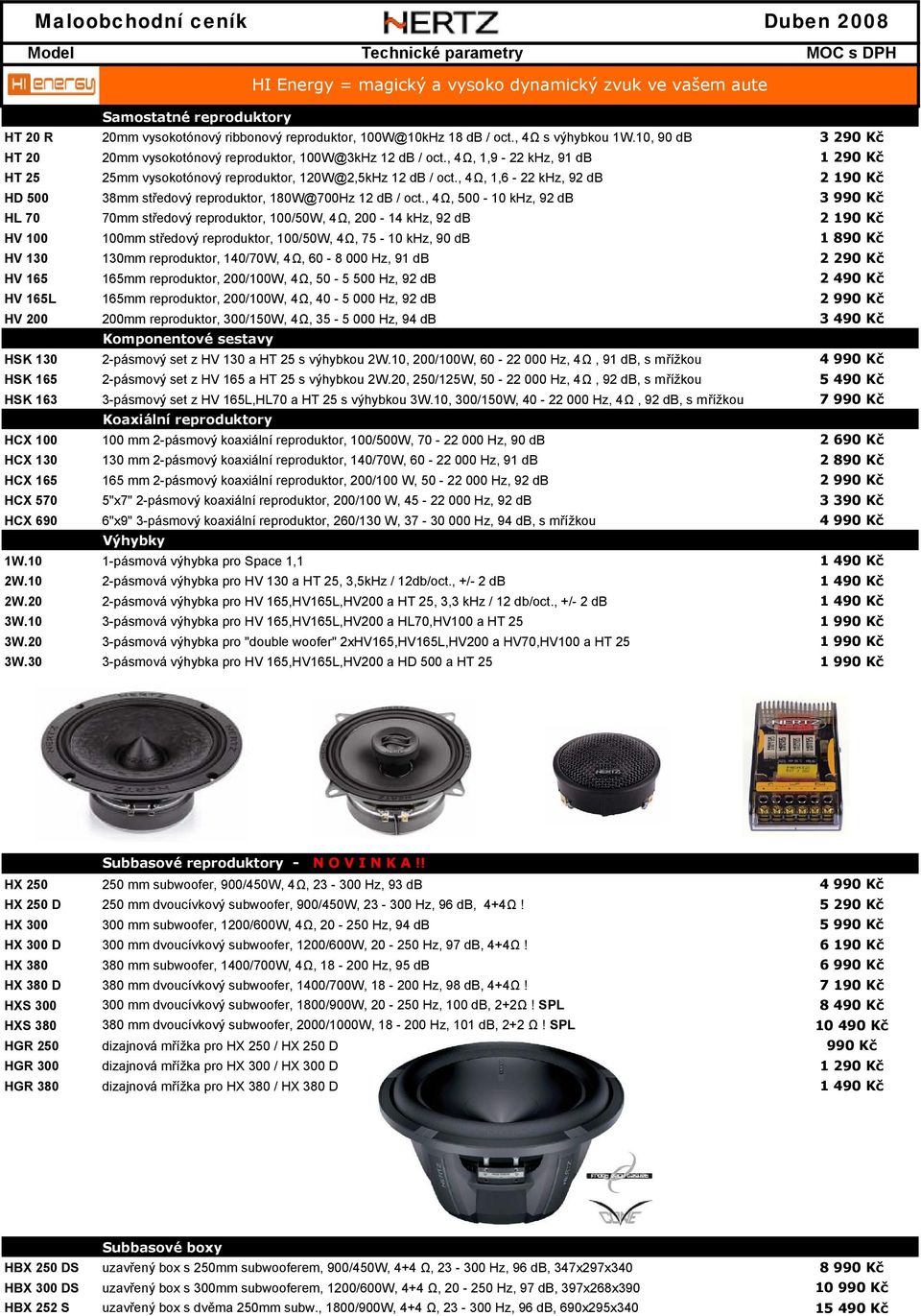 , 4Ω, 1,6-22 khz, 92 db 2 190 Kč HD 500 38mm středový reproduktor, 180W@700Hz 12 db / oct.