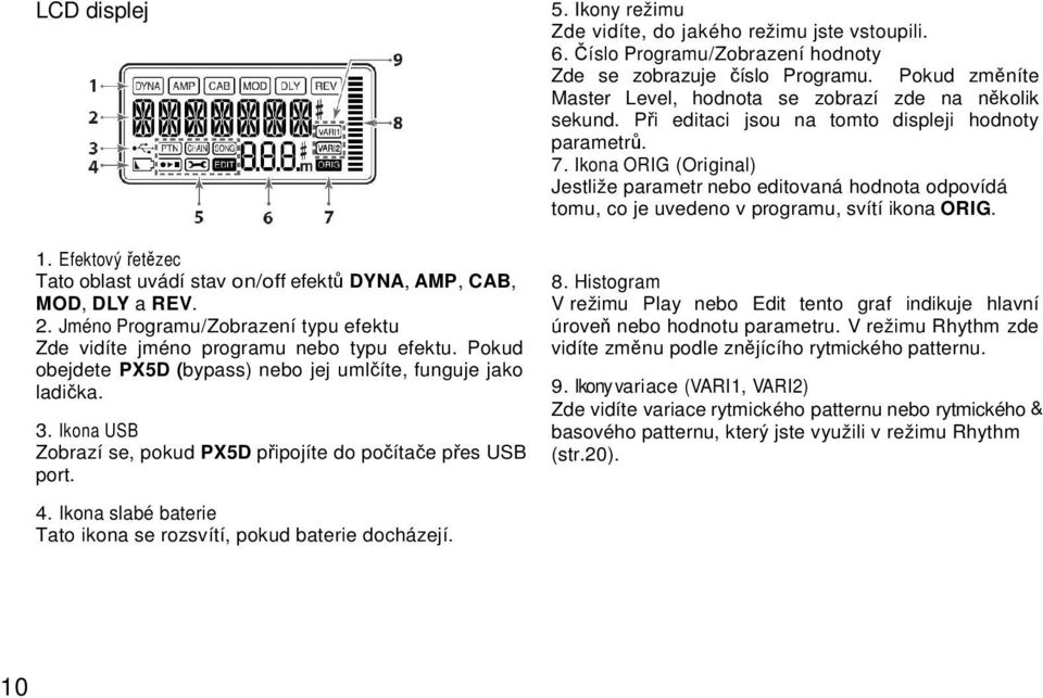 Ikona slabé baterie Tato ikona se rozsvítí, pokud baterie docházejí. 5. Ikony režimu Zde vidíte, do jakého režimu jste vstoupili. 6. Číslo Programu/Zobrazení hodnoty Zde se zobrazuje číslo Programu.