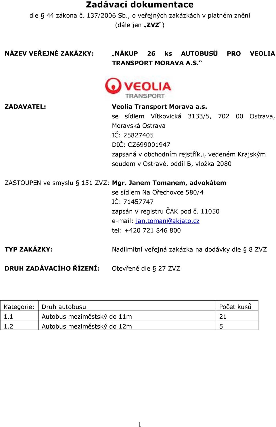 smyslu 151 ZVZ: Mgr. Janem Tomanem, advokátem se sídlem Na Ořechovce 580/4 IČ: 71457747 zapsán v registru ČAK pod č. 11050 e-mail: jan.toman@akjato.