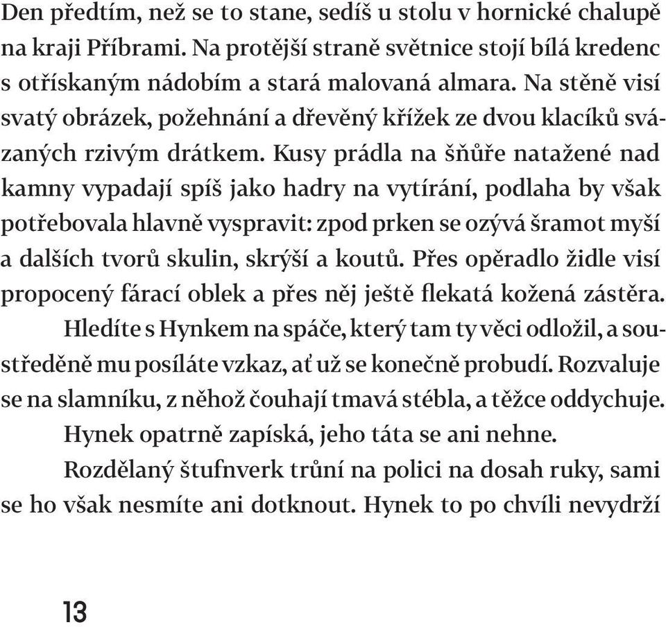 Kusy prádla na šňůře natažené nad kamny vypadají spíš jako hadry na vytírání, podlaha by však potřebovala hlavně vyspravit: zpod prken se ozývá šramot myší a dalších tvorů skulin, skrýší a koutů.