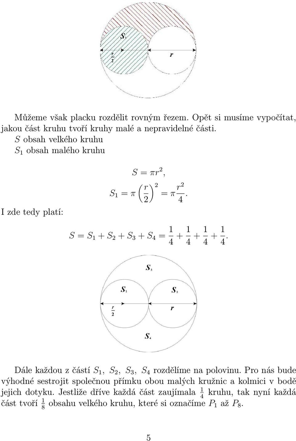 S = S 1 + S 2 + S 3 + S 4 = 1 4 + 1 4 + 1 4 + 1 4. Dále každou z částí S 1, S 2, S 3, S 4 rozdělíme na polovinu.