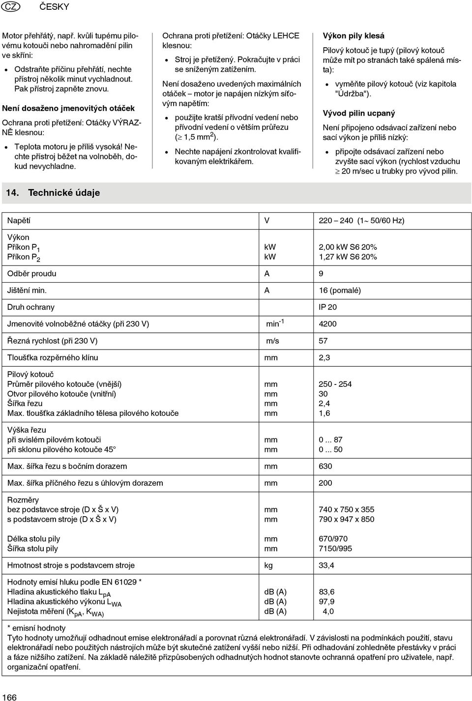 Technické údaje Ochrana proti přetížení: Otáčky LEHCE klesnou: Stroj je přetížený. Pokračujte v práci se sníženým zatížením.