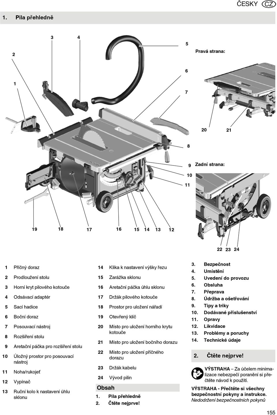 hadice 6 Boční doraz 7 Posouvací nástroj 8 Rozšíření stolu 9 Aretační páčka pro rozšíření stolu 10 Úložný prostor pro posouvací nástroj 11 Noha/rukojeť 12 Vypínač 13 Ruční kolo k nastavení úhlu