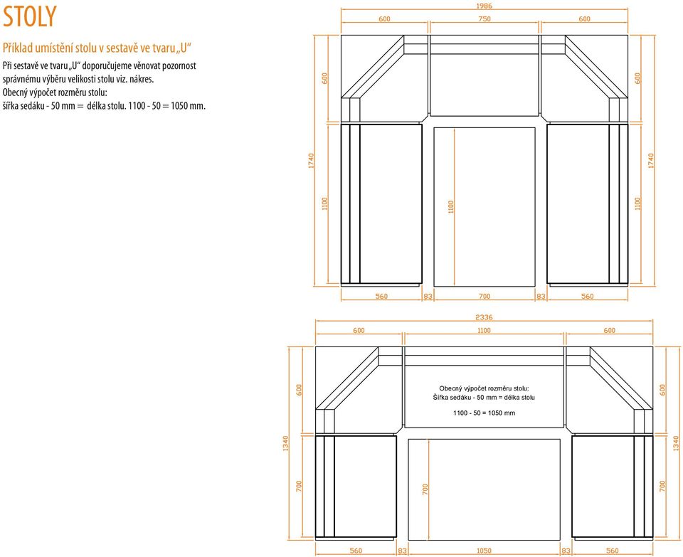 Obecný výpočet rozměru stolu: šířka sedáku - 50 mm = délka stolu. 1100-50 = 1050 mm.