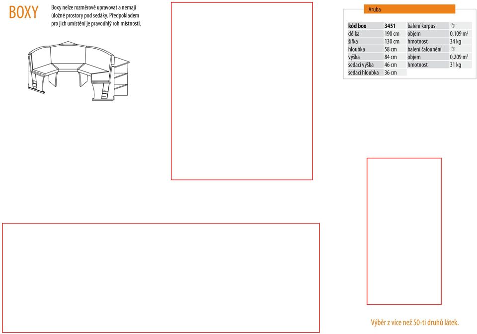 Aruba kód box 3451 balení korpus délka 190 cm objem 0,109 m 3 šířka 130 cm hmotnost 34 kg hloubka 58 cm balení čalounění 84 cm objem 0,209 m 3 sedací 46 cm hmotnost 31 kg sedací hloubka 36 cm Flexi 2