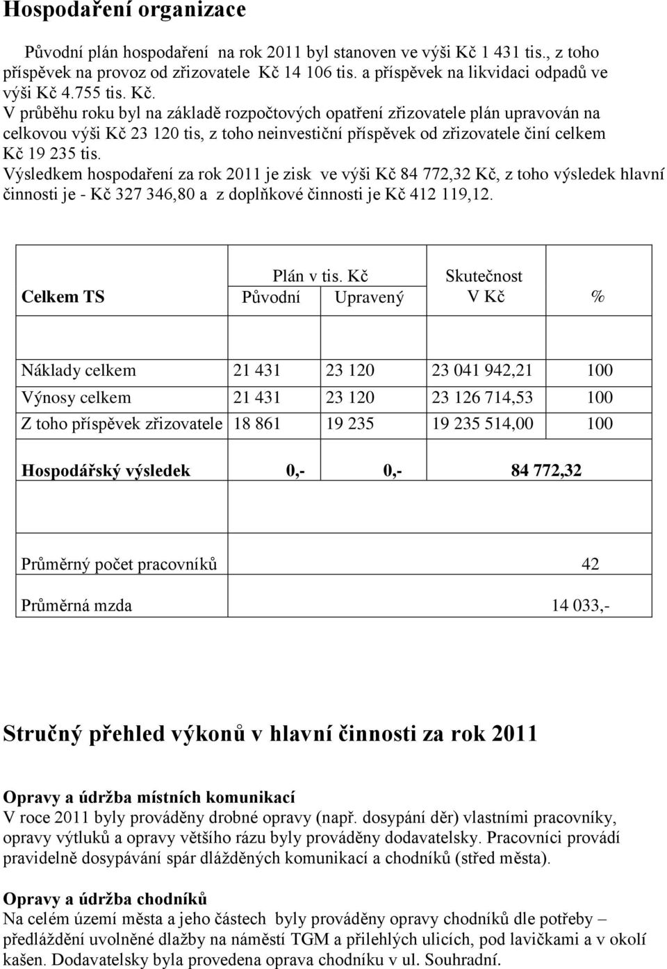 Výsledkem hospodaření za rok 2011 je zisk ve výši Kč 84 772,32 Kč, z toho výsledek hlavní činnosti je - Kč 327 346,80 a z doplňkové činnosti je Kč 412 119,12. Celkem TS Plán v tis.