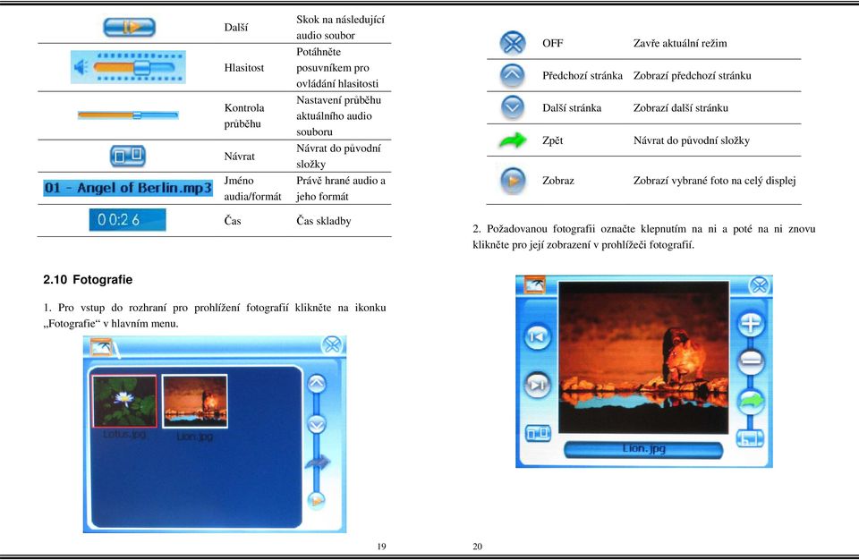 Další stránka Zpět Zobraz Zobrazí další stránku Návrat do původní složky Zobrazí vybrané foto na celý displej 2.