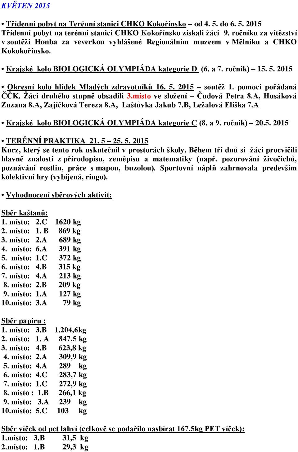 2015 Okresní kolo hlídek Mladých zdravotníků 16. 5. 2015 soutěž 1. pomoci pořádaná ČČK. Žáci druhého stupně obsadili 3.místo ve složení Čudová Petra 8.A, Husáková Zuzana 8.A, Zajíčková Tereza 8.