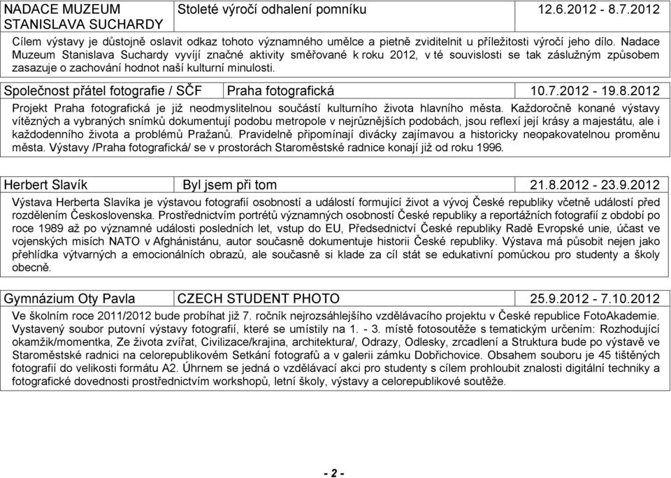 Nadace Muzeum Stanislava Suchardy vyvíjí značné aktivity směřované k roku 2012, v té souvislosti se tak záslužným způsobem zasazuje o zachování hodnot naší kulturní minulosti.