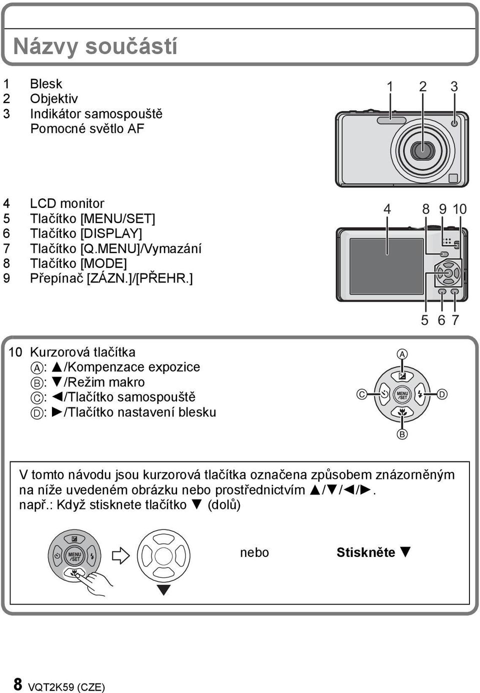] 4 8 9 10 5 6 7 10 Kurzorová tlačítka A: 3/Kompenzace expozice B: 4/Režim makro C: 2/Tlačítko samospouště D: 1/Tlačítko nastavení