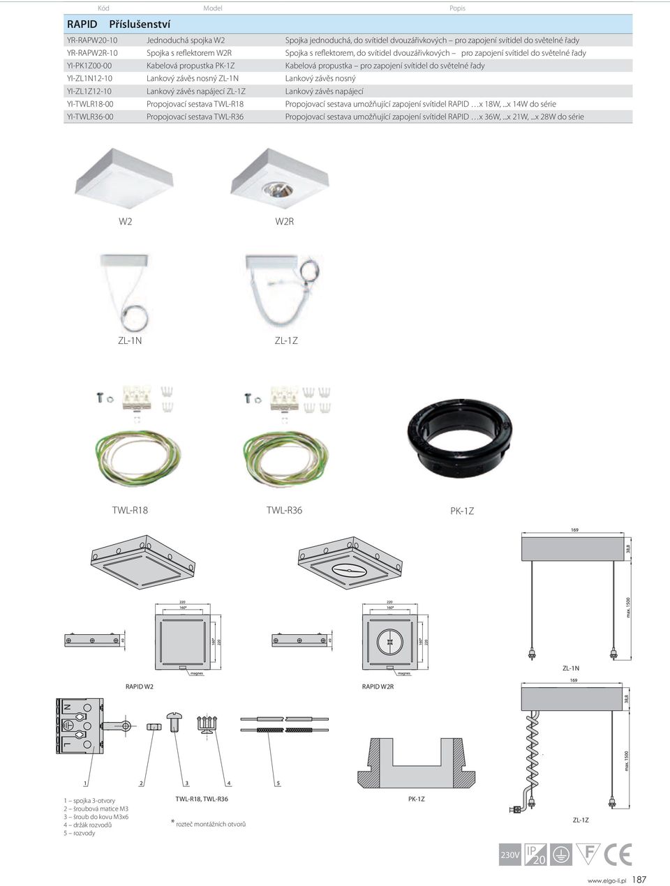 závěs nosný ZL-1N Lankový závěs nosný YI-ZL1Z12-10 Lankový závěs napájecí ZL-1Z Lankový závěs napájecí YI-TWLR18-00 Propojovací sestava TWL-R18 Propojovací sestava umožňující zapojení svítidel x 18W,.