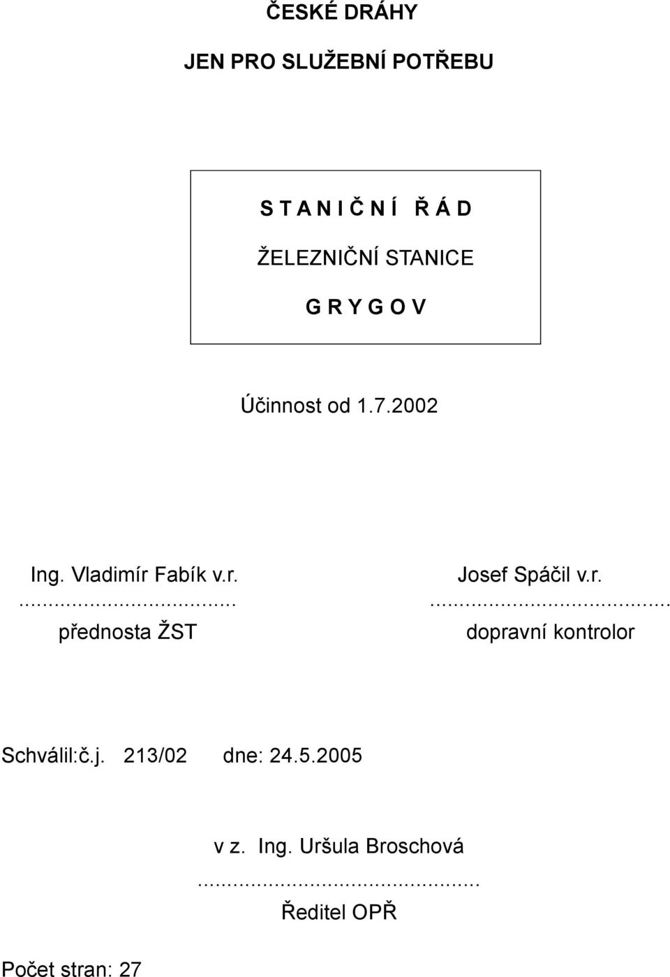 r....... přednosta ŽST dopravní kontrolor Schválil:č.j. 213/02 dne: 24.