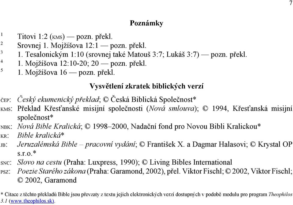 Vysvětlení zkratek biblických verzí ČEP: Český ekumenický překlad; Česká Biblická Společnost* KMS: Překlad Křesťanské misijní společnosti (Nová smlouva); 1994, Křesťanská misijní společnost* NBK: