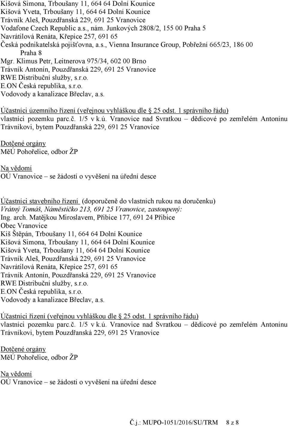 Klimus Petr, Leitnerova 975/34, 602 00 Brno Trávník Antonín, Pouzdřanská 229, 691 25 Vranovice RWE Distribuční služby, s.r.o. E.ON Česká republika, s.r.o. Vodovody a kanalizace Břeclav, a.s. Účastníci územního řízení (veřejnou vyhláškou dle 25 odst.