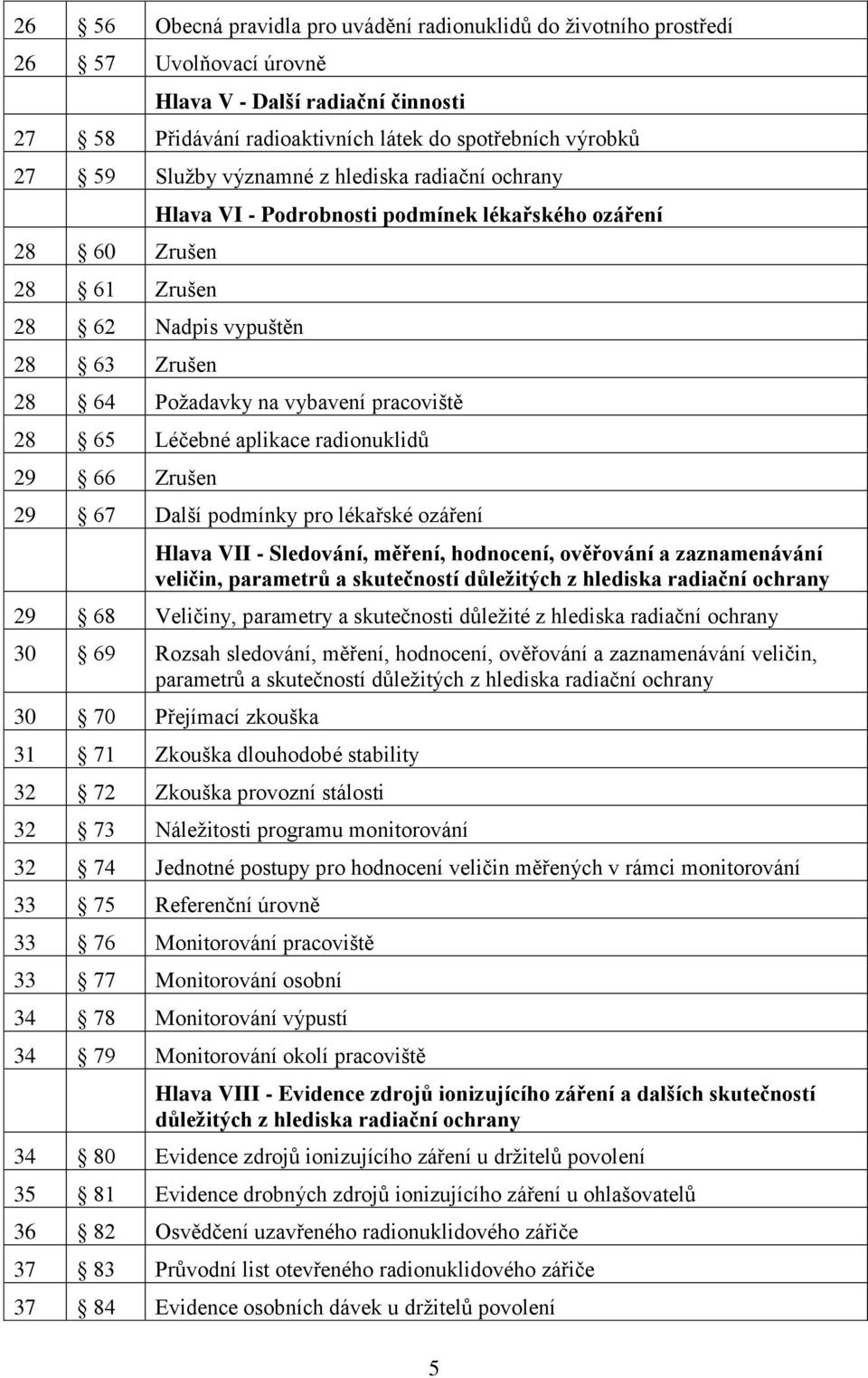 65 Léčebné aplikace radionuklidů 29 66 Zrušen 29 67 Další podmínky pro lékařské ozáření Hlava VII - Sledování, měření, hodnocení, ověřování a zaznamenávání veličin, parametrů a skutečností důležitých