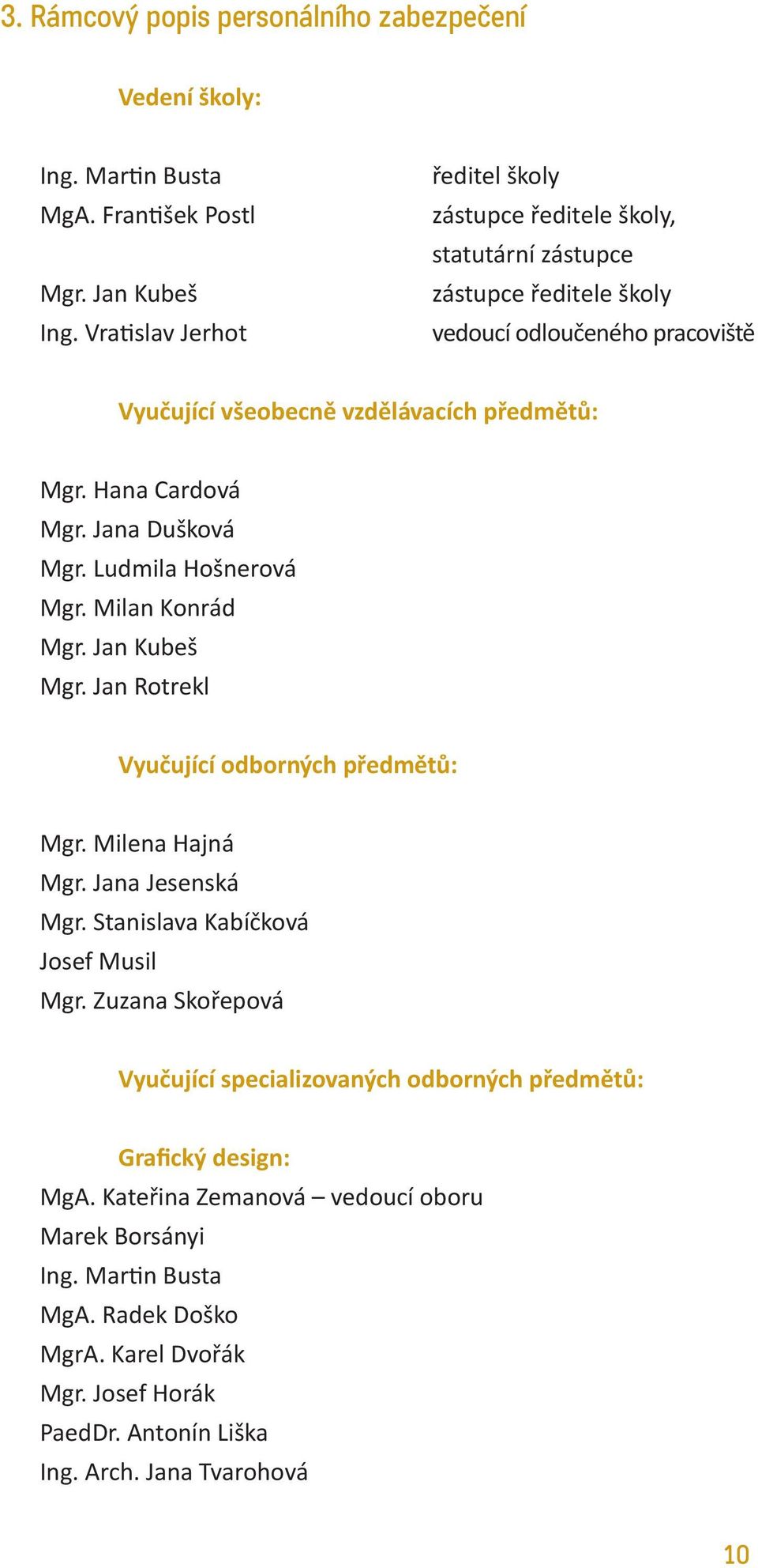 Hana Cardová Mgr. Jana Dušková Mgr. Ludmila Hošnerová Mgr. Milan Konrád Mgr. Jan Kubeš Mgr. Jan Rotrekl Vyučující odborných předmětů: Mgr. Milena Hajná Mgr. Jana Jesenská Mgr.