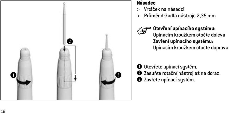 upínacího systému: Upínacím kroužkem otočte doprava Otevřete