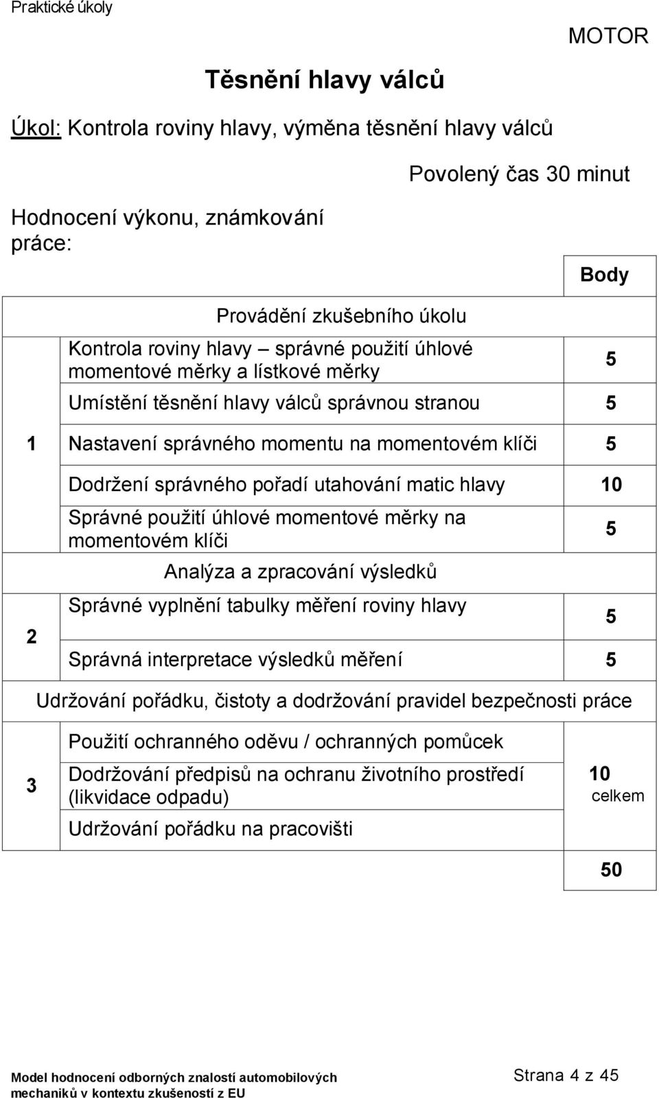 hlavy Správné použití úhlové momentové měrky na momentovém klíči Analýza a zpracování výsledků Správné vyplnění tabulky měření roviny hlavy Správná interpretace výsledků měření Udržování pořádku,