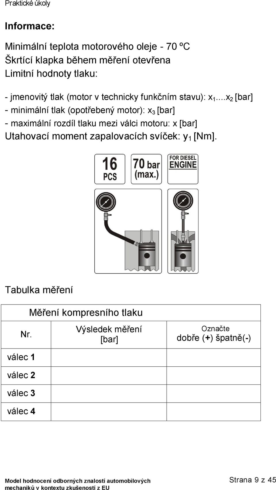 ..x 2 [bar] - minimální tlak (opotřebený motor): x 3 [bar] - maximální rozdíl tlaku mezi válci motoru: x [bar]