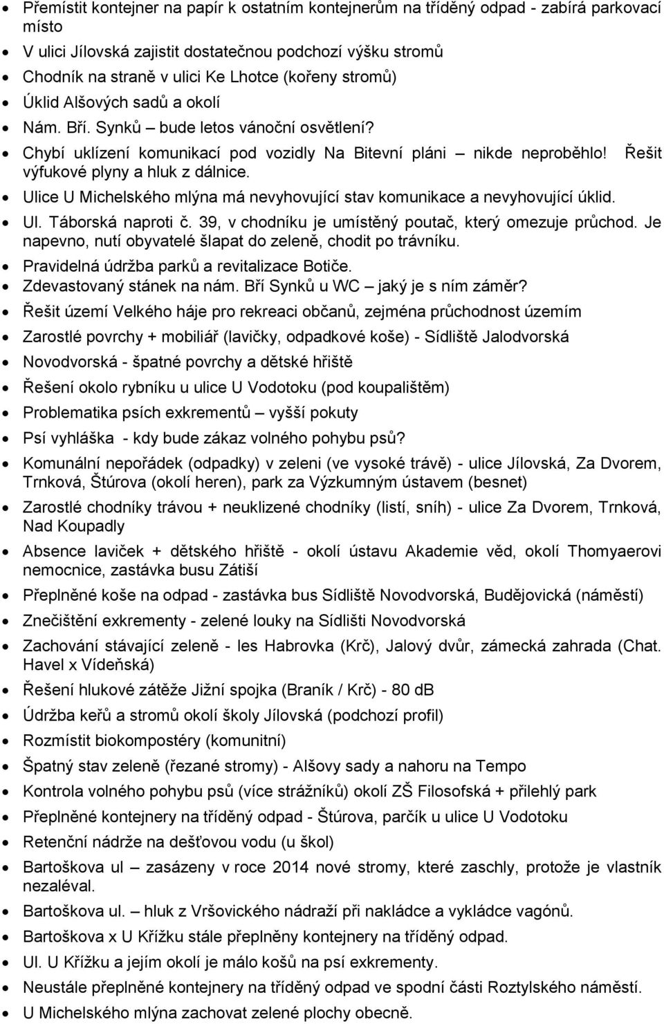 Ulice U Michelského mlýna má nevyhovující stav komunikace a nevyhovující úklid. Řešit Ul. Táborská naproti č. 39, v chodníku je umístěný poutač, který omezuje průchod.