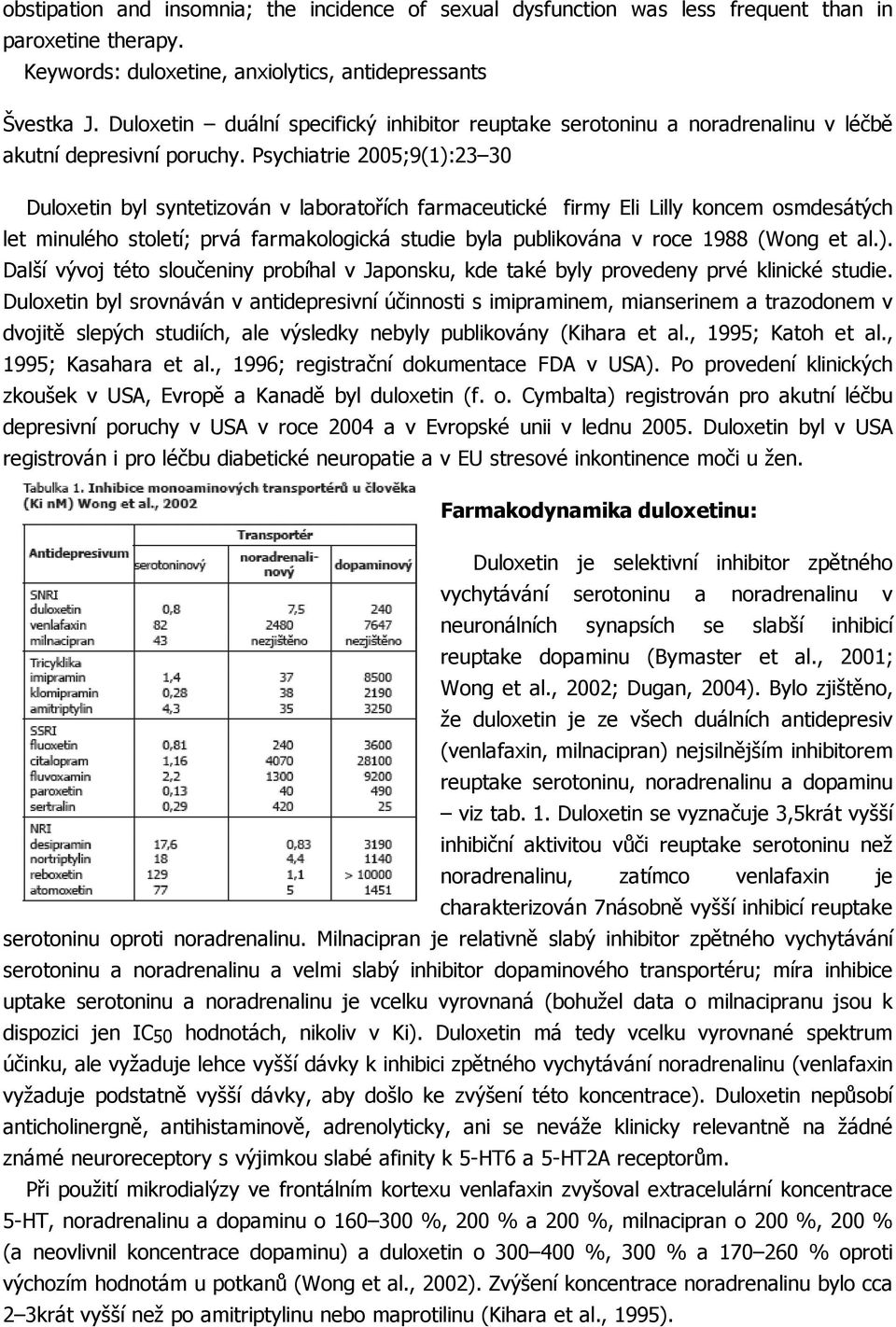 Psychiatrie 2005;9(1):23 30 Duloxetin byl syntetizován v laboratořích farmaceutické firmy Eli Lilly koncem osmdesátých let minulého století; prvá farmakologická studie byla publikována v roce 1988