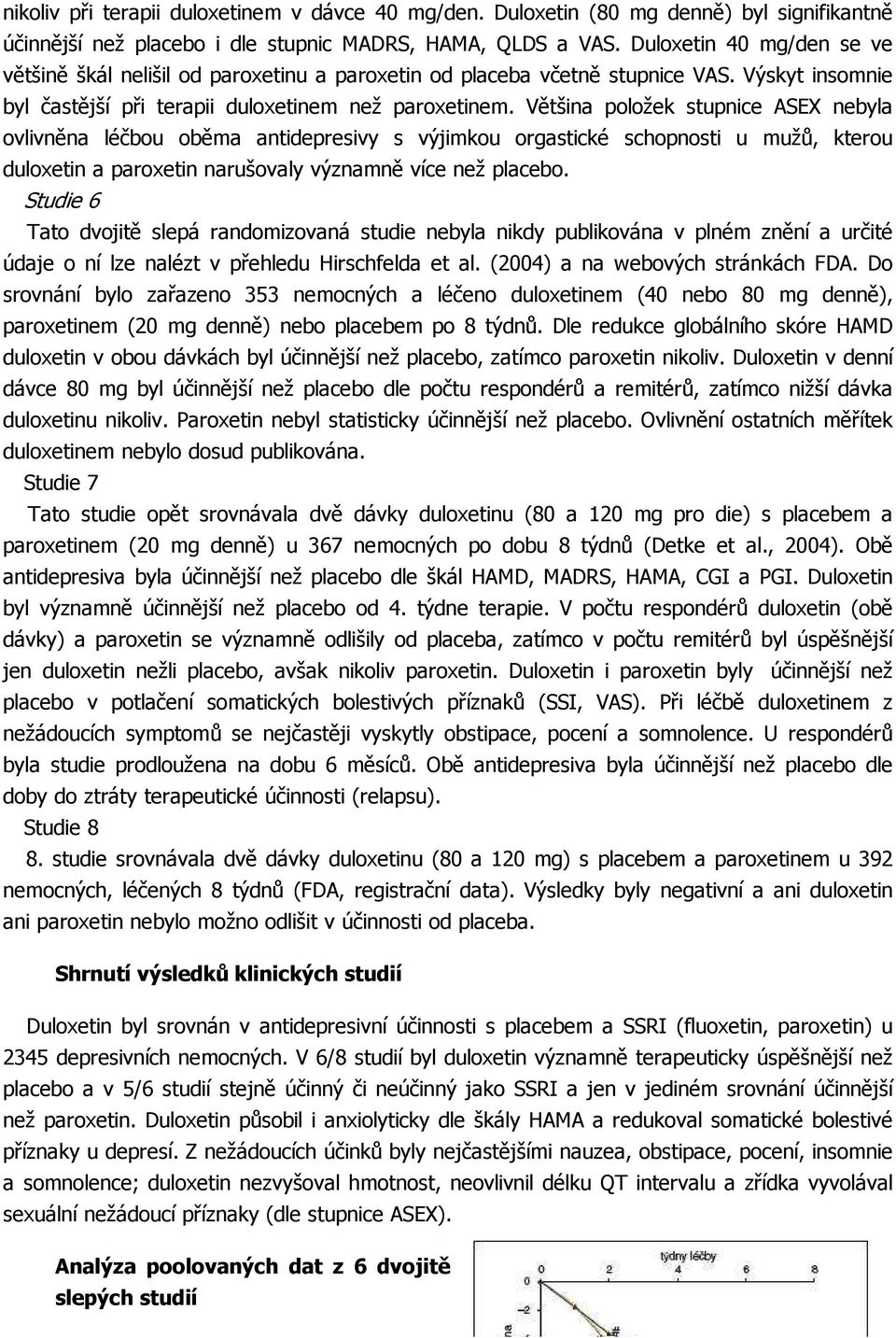 Většina položek stupnice ASEX nebyla ovlivněna léčbou oběma antidepresivy s výjimkou orgastické schopnosti u mužů, kterou duloxetin a paroxetin narušovaly významně více než placebo.