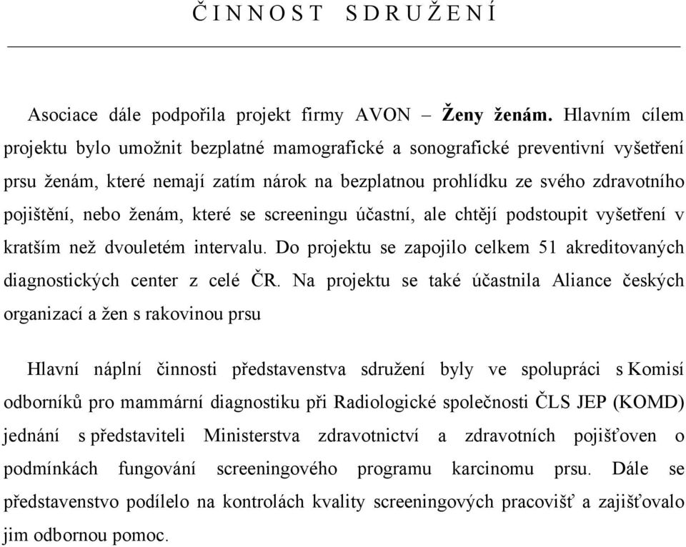 ženám, které se screeningu účastní, ale chtějí podstoupit vyšetření v kratším než dvouletém intervalu. Do projektu se zapojilo celkem 51 akreditovaných diagnostických center z celé ČR.