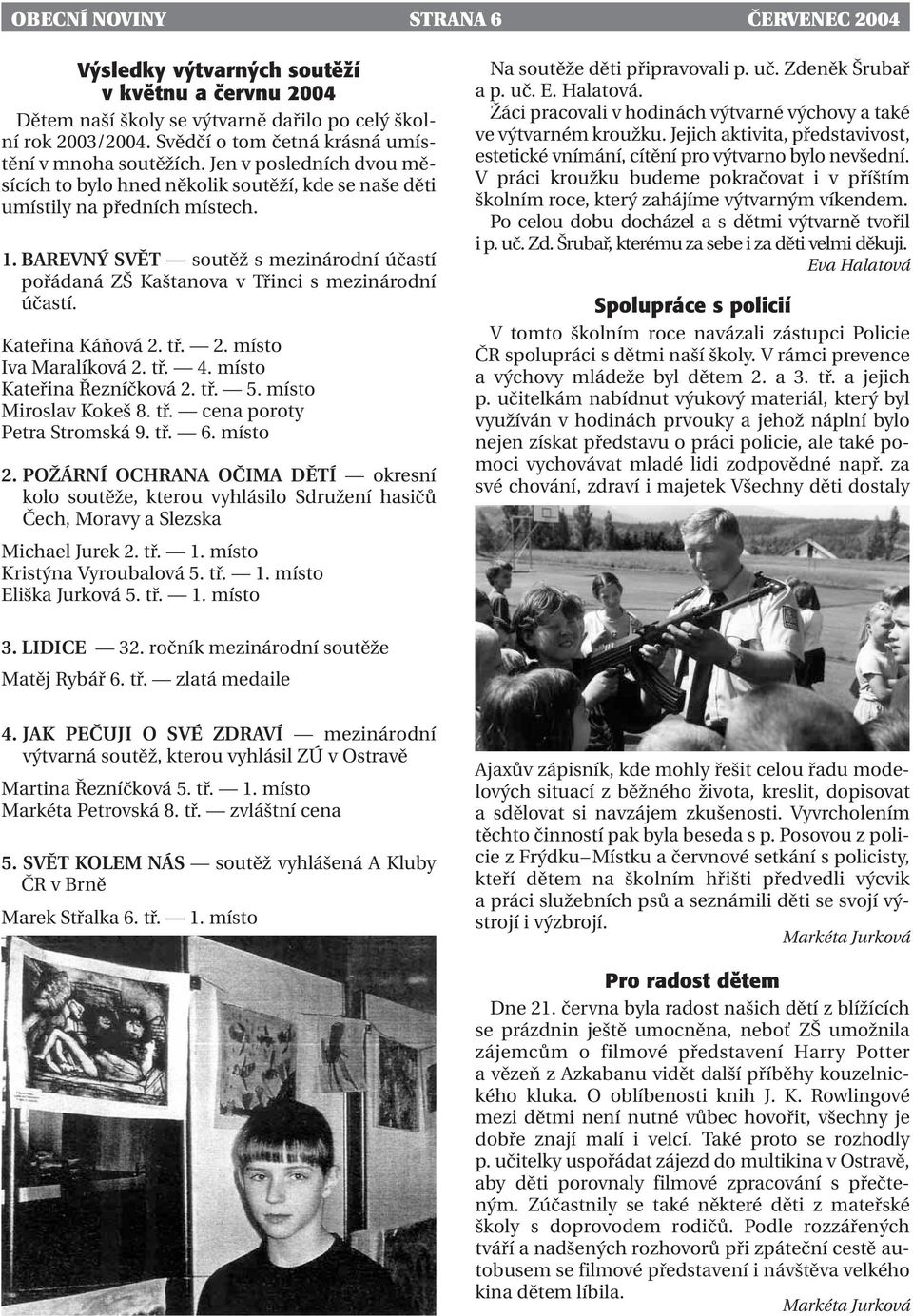 BAREVNÝ SVĚT soutěž s mezinárodní účastí pořádaná ZŠ Kaštanova v Třinci s mezinárodní účastí. Kateřina Káňová 2. tř. 2. místo Iva Maralíková 2. tř. 4. místo Kateřina Řezníčková 2. tř. 5.