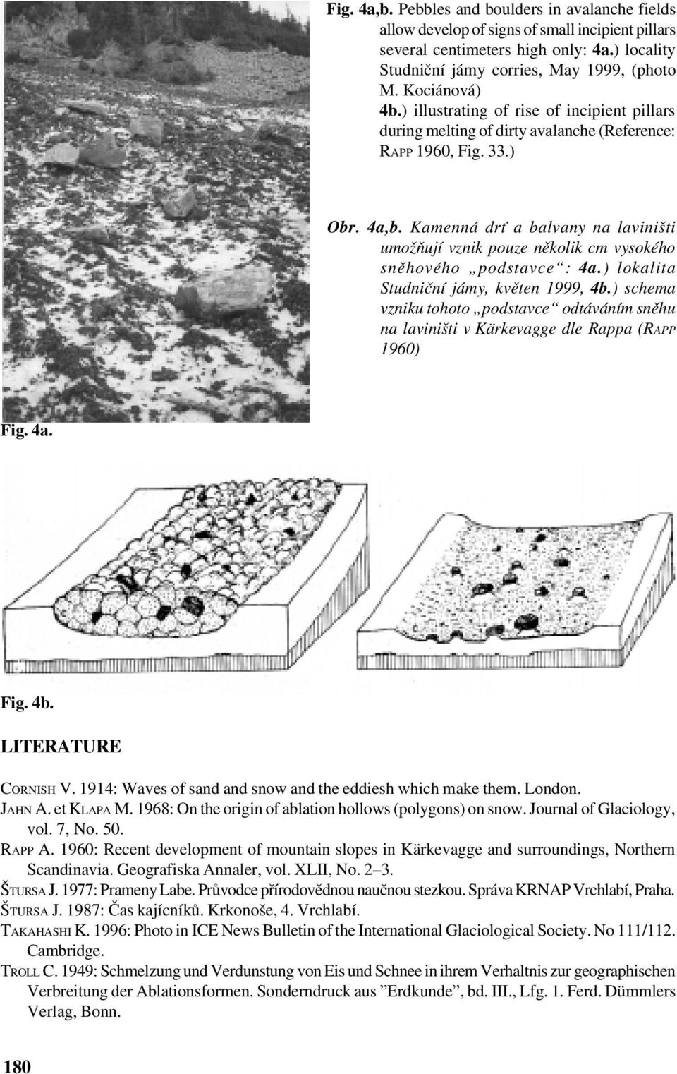 Kamenná drť a balvany na laviništi umožňují vznik pouze několik cm vysokého sněhového podstavce : 4a.) lokalita Studniční jámy, květen 1999, 4b.