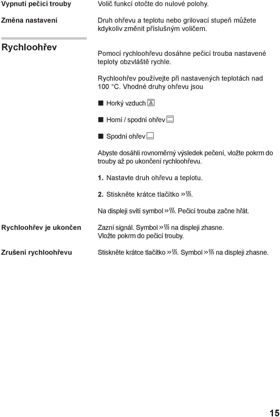 Vhodné druhy ohřevu jsou Horký vzduch Horní / spodní ohřev Spodní ohřev Abyste dosáhli rovnoměrný výsledek pečení, vložte pokrm do trouby až po ukončení rychloohřevu. 1.