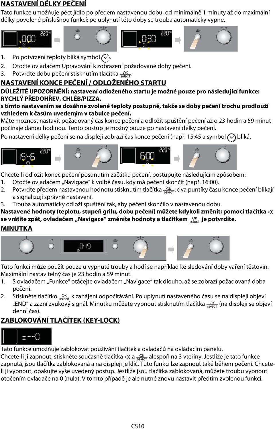 NASTAVENÍ KONCE PEČENÍ / ODLOŽENÉHO STARTU DŮLEŽITÉ UPOZORNĚNÍ: nastavení odloženého startu je možné pouze pro následující funkce: RYCHLÝ PŘEDOHŘEV, CHLÉB/PIZZA.