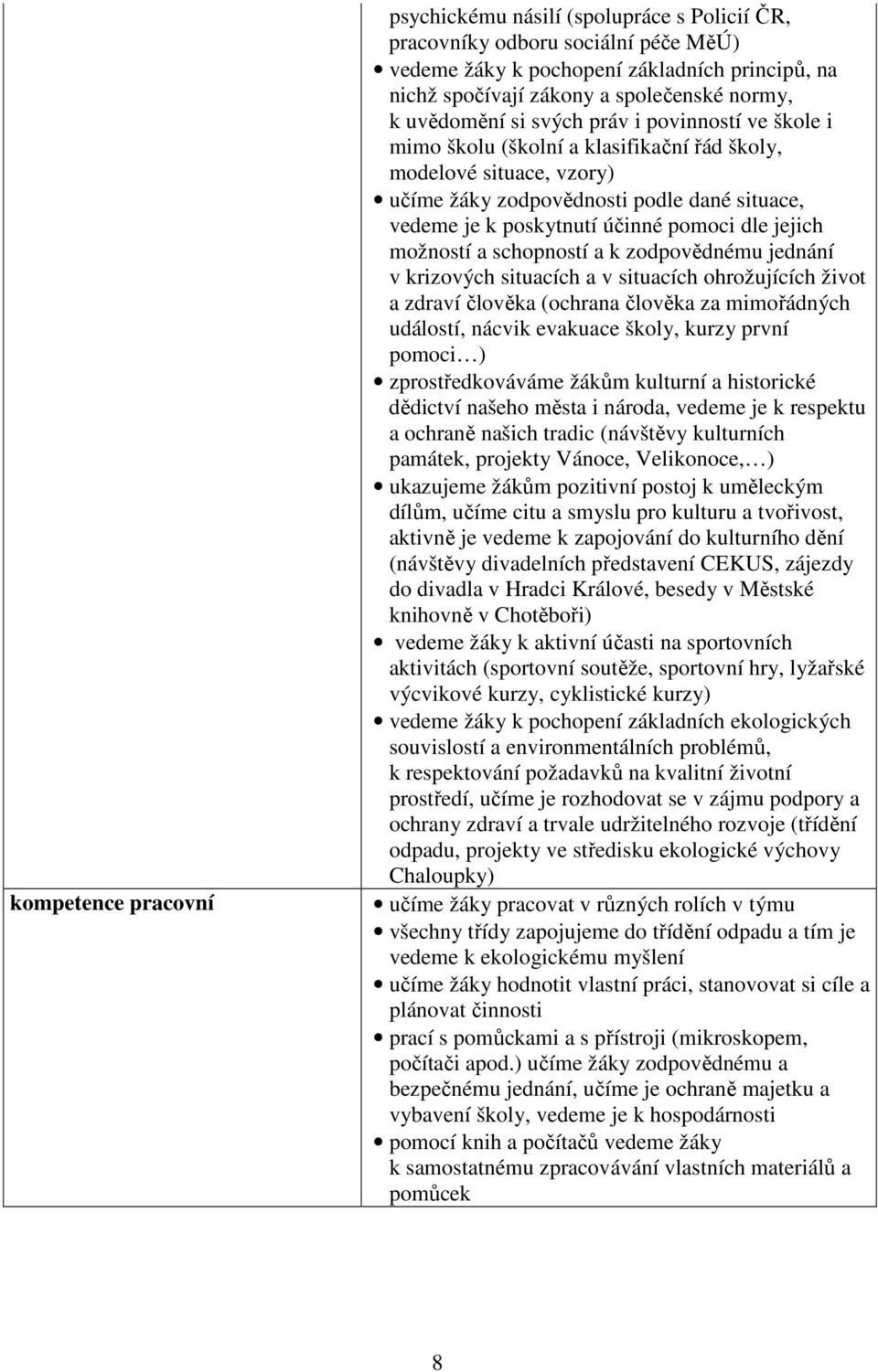 dle jejich možností a schopností a k zodpovědnému jednání v krizových situacích a v situacích ohrožujících život a zdraví člověka (ochrana člověka za mimořádných událostí, nácvik evakuace školy,