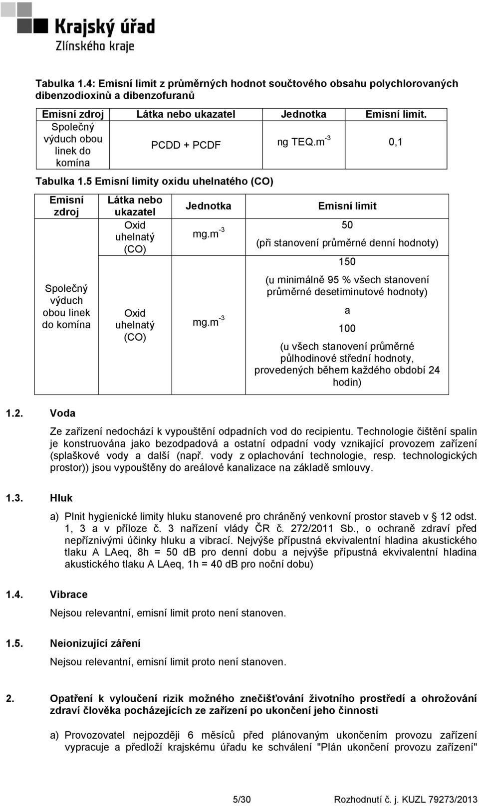 5 Emisní limity oxidu uhelnatého (CO) Emisní zdroj Společný výduch obou linek do komína Látka nebo ukazatel Oxid uhelnatý (CO) Oxid uhelnatý (CO) Jednotka Emisní limit mg.