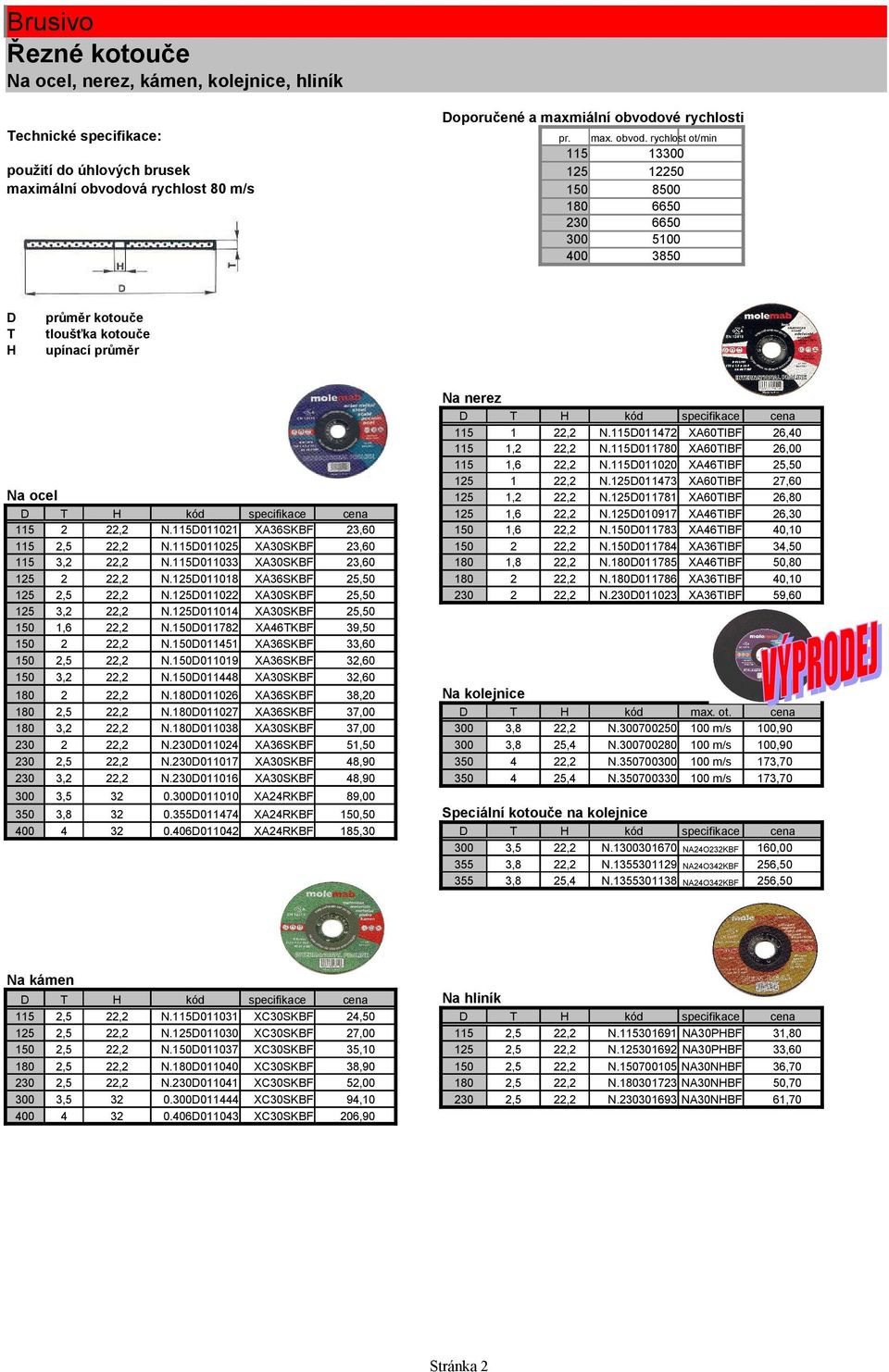 vá rychlost m/s max. obvod. rychlost ot/min 00 13 1 0 66 66 5100 3 průměr kotouče tloušťka kotouče upínací průměr Na nerez Na ocel 3, 3, 3, 5, 5, 5, 39, 33, 3, 3, 1 1, 1 1, 1, N.0117 N.0117 N.01100 N.