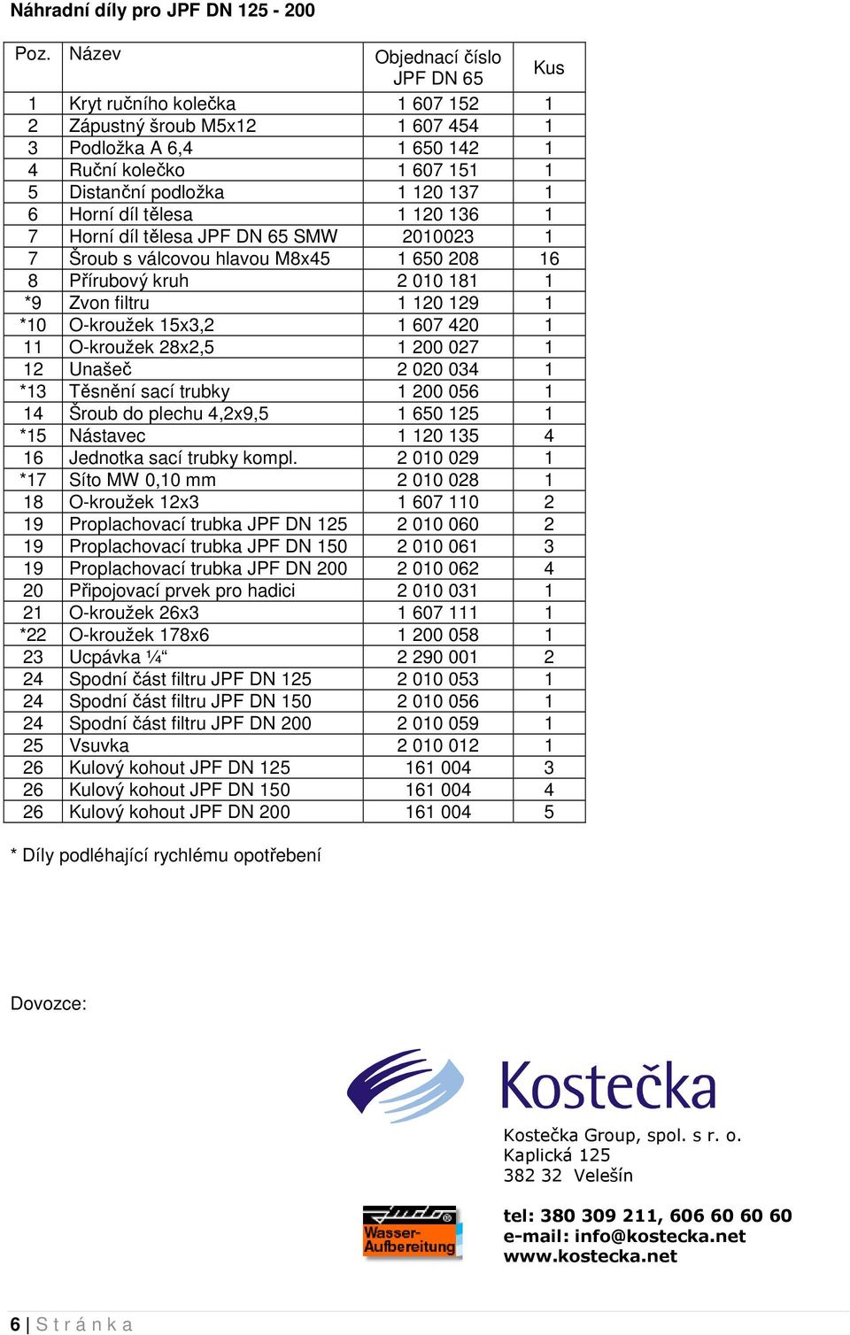 Horní díl tělesa 1 120 136 1 7 Horní díl tělesa JPF DN 65 SMW 2010023 1 7 Šroub s válcovou hlavou M8x45 1 650 208 16 8 Přírubový kruh 2 010 181 1 *9 Zvon filtru 1 120 129 1 *10 O-kroužek 15x3,2 1 607