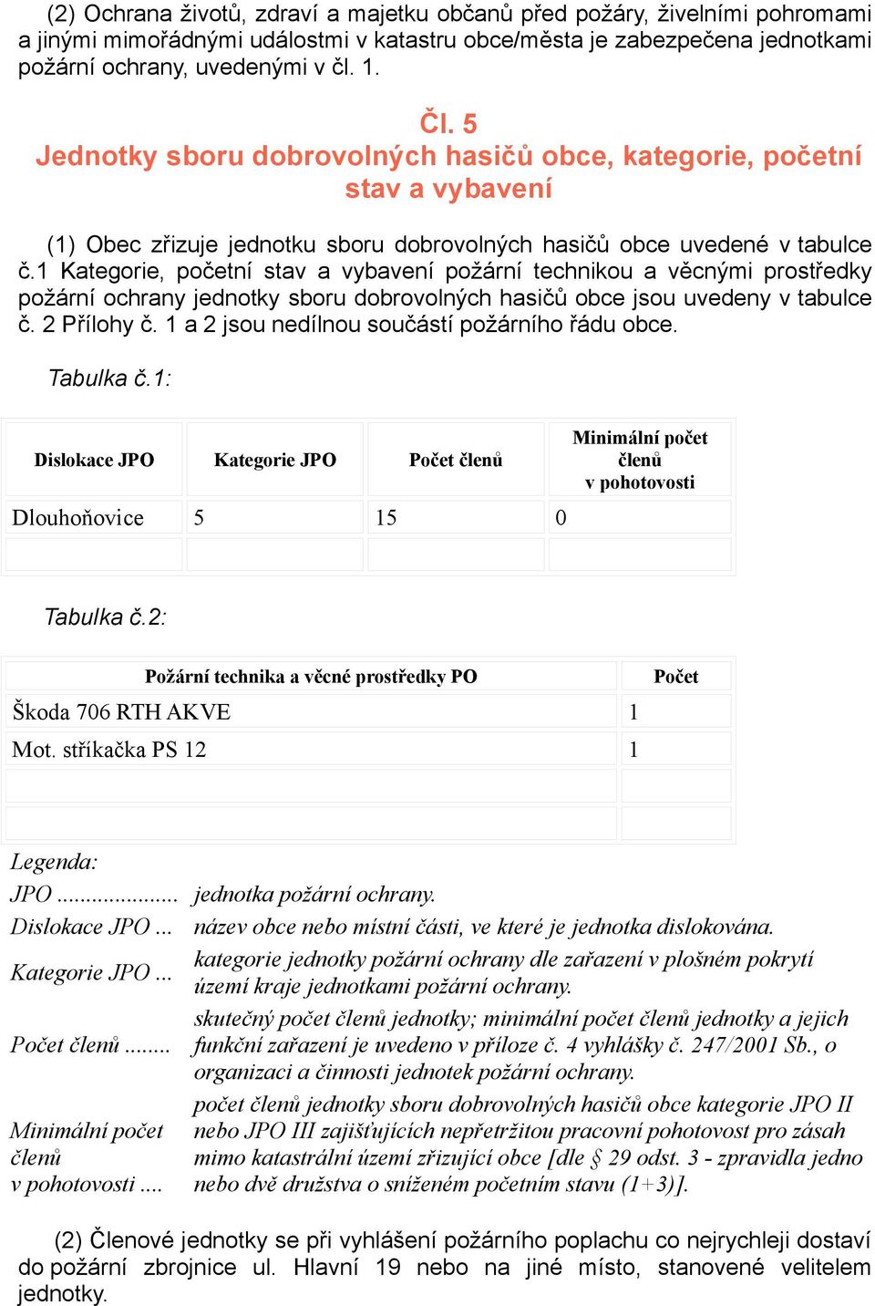 1 Kategorie, početní stav a vybavení požární technikou a věcnými prostředky požární ochrany jednotky sboru dobrovolných hasičů obce jsou uvedeny v tabulce č. 2 Přílohy č.