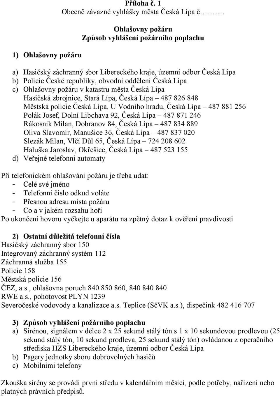 katastru města Česká Lípa Hasičská zbrojnice, Stará Lípa, Česká Lípa 487 826 848 Městská policie Česká Lípa, U Vodního hradu, Česká Lípa 487 881 256 Polák Josef, Dolní Libchava 92, Česká Lípa 487 871