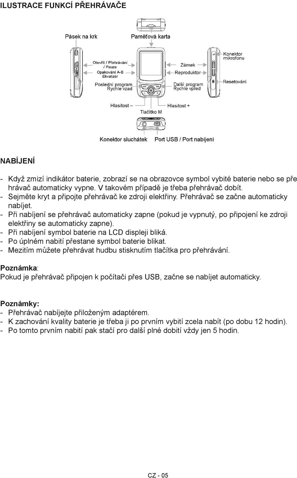 - Při nabíjení se přehrávač automaticky zapne (pokud je vypnutý, po připojení ke zdroji elektřiny se automaticky zapne). - Při nabíjení symbol baterie na LCD displeji bliká.