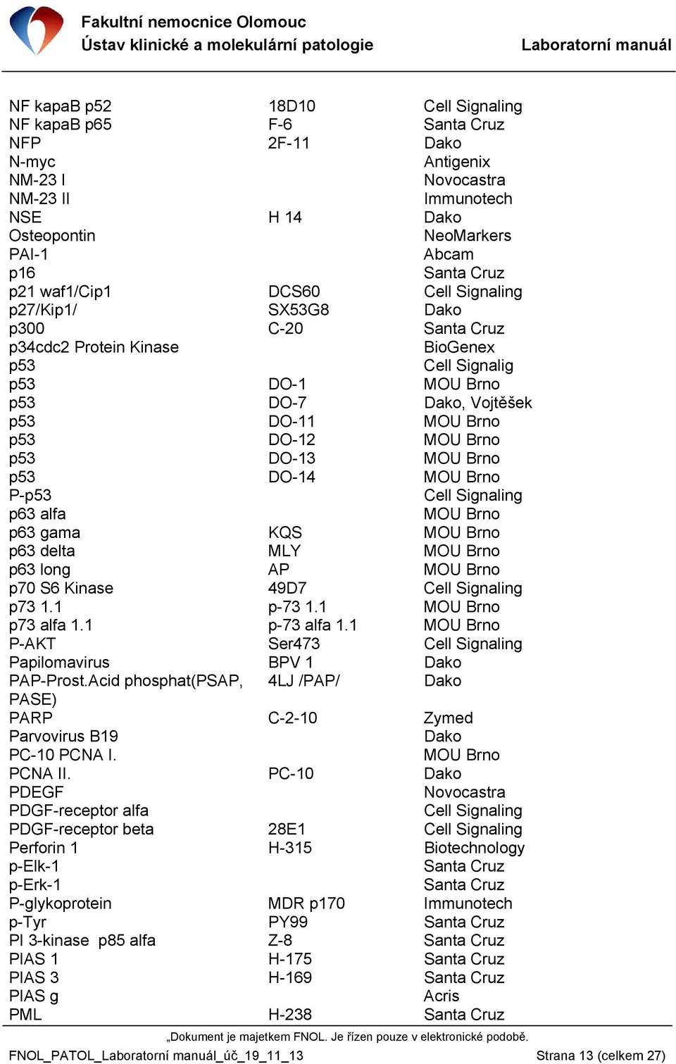 Brno p53 DO-14 MOU Brno P-p53 Cell Signaling p63 alfa MOU Brno p63 gama KQS MOU Brno p63 delta MLY MOU Brno p63 long AP MOU Brno p70 S6 Kinase 49D7 Cell Signaling p73 1.1 p-73 1.1 MOU Brno p73 alfa 1.