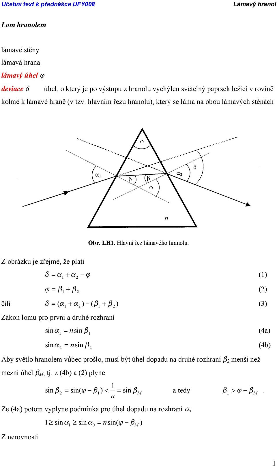 Z obrázku je zřejmé, že platí δ + ϕ () ϕ β + β () čili δ + ) ( β + ) (3) ( β Zákon lomu pro první a druhé rozhraní sin nsin β (4a) sin nsin β (4b) Aby světlo hranolem