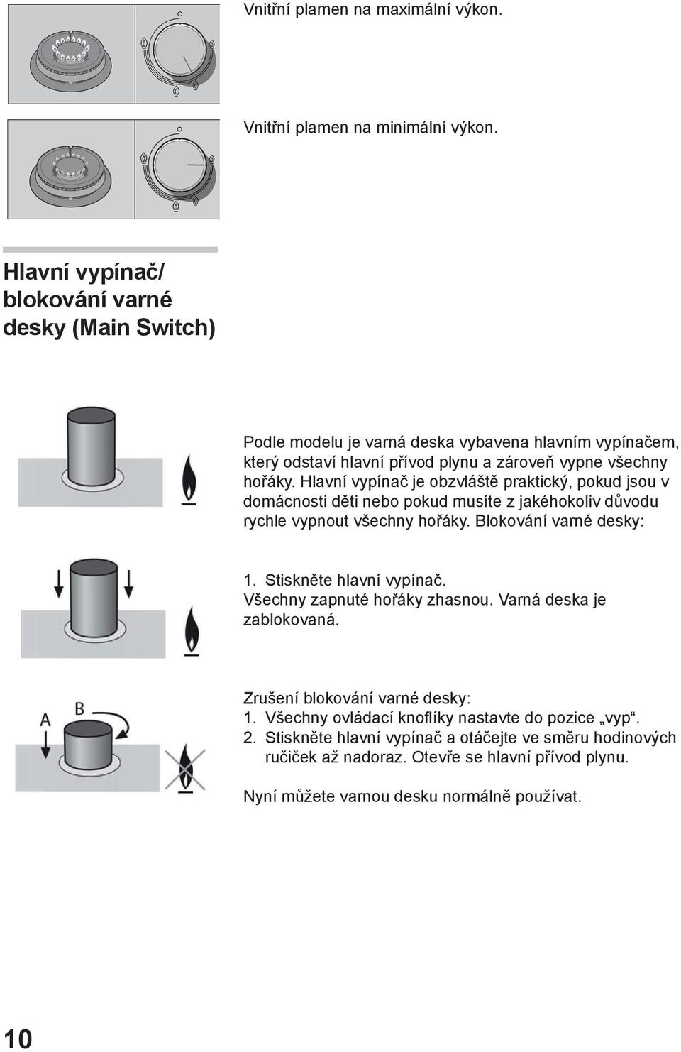 Hlavní vypínač je obzvláště praktický, pokud jsou v domácnosti děti nebo pokud musíte z jakéhokoliv důvodu rychle vypnout všechny hořáky. Blokování varné desky: 1.