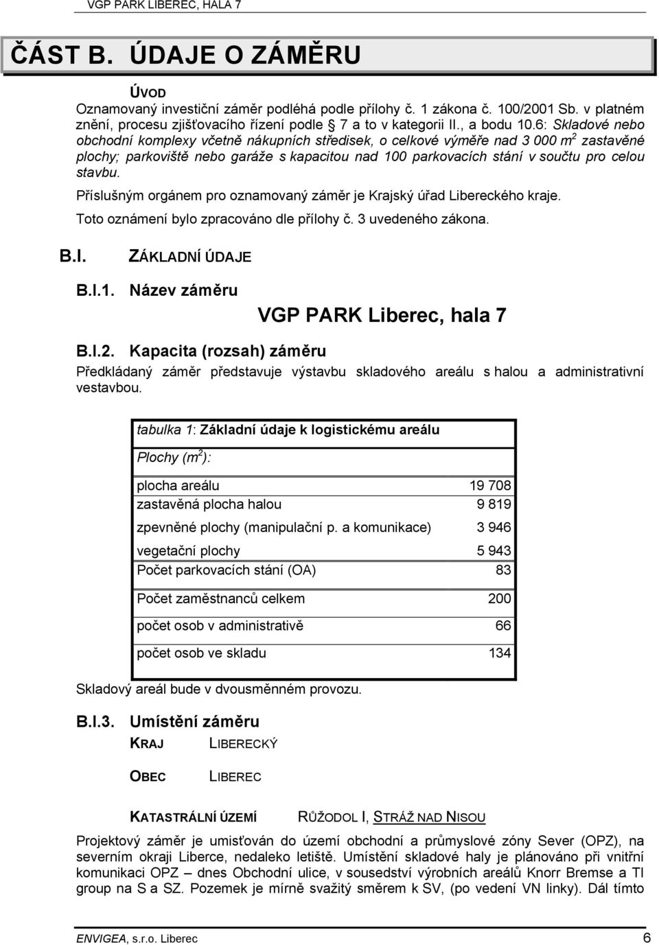 Příslušným orgánem pro oznamovaný záměr je Krajský úřad Libereckého kraje. Toto oznámení bylo zpracováno dle přílohy č. 3 uvedeného zákona. B.I. ZÁKLADNÍ ÚDAJE B.I.1.