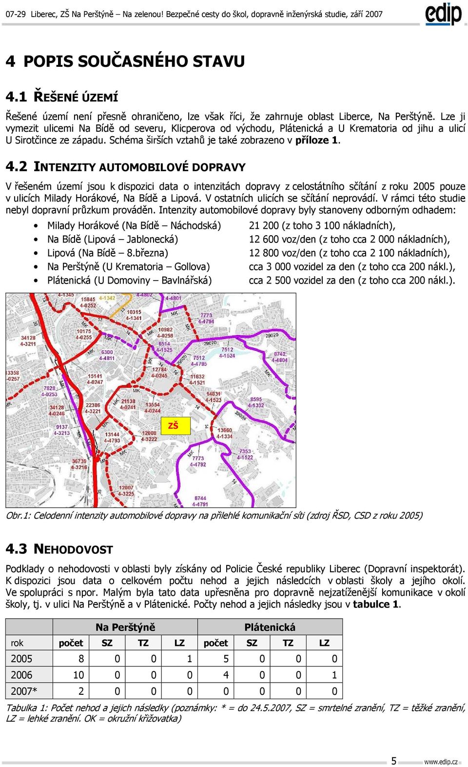 2 INTENZITY AUTOMOBILOVÉ DOPRAVY V řešeném území jsou k dispozici data o intenzitách dopravy z celostátního sčítání z roku 2005 pouze v ulicích Milady Horákové, Na Bídě a Lipová.