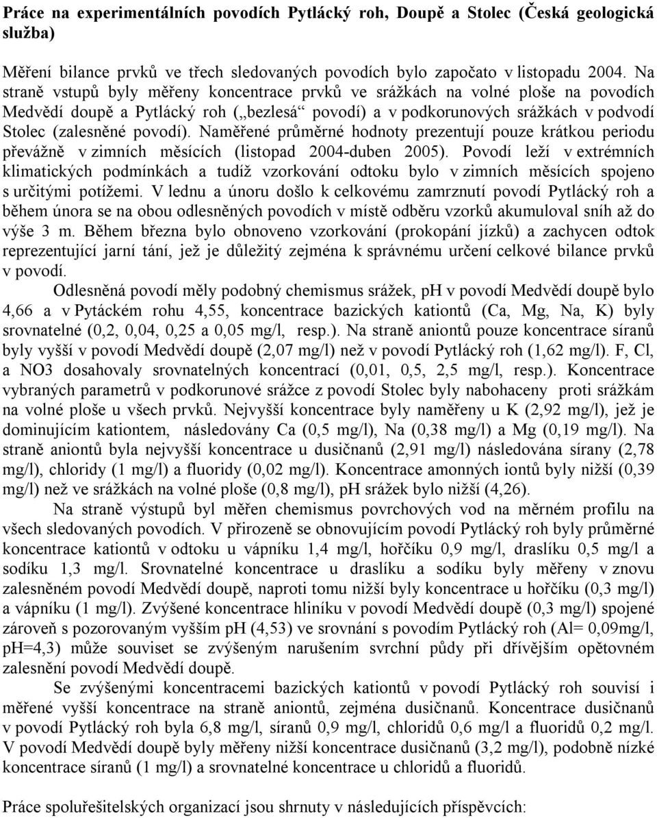 Naměřené průměrné hodnoty prezentují pouze krátkou periodu převážně v zimních měsících (listopad 2004-duben 2005).