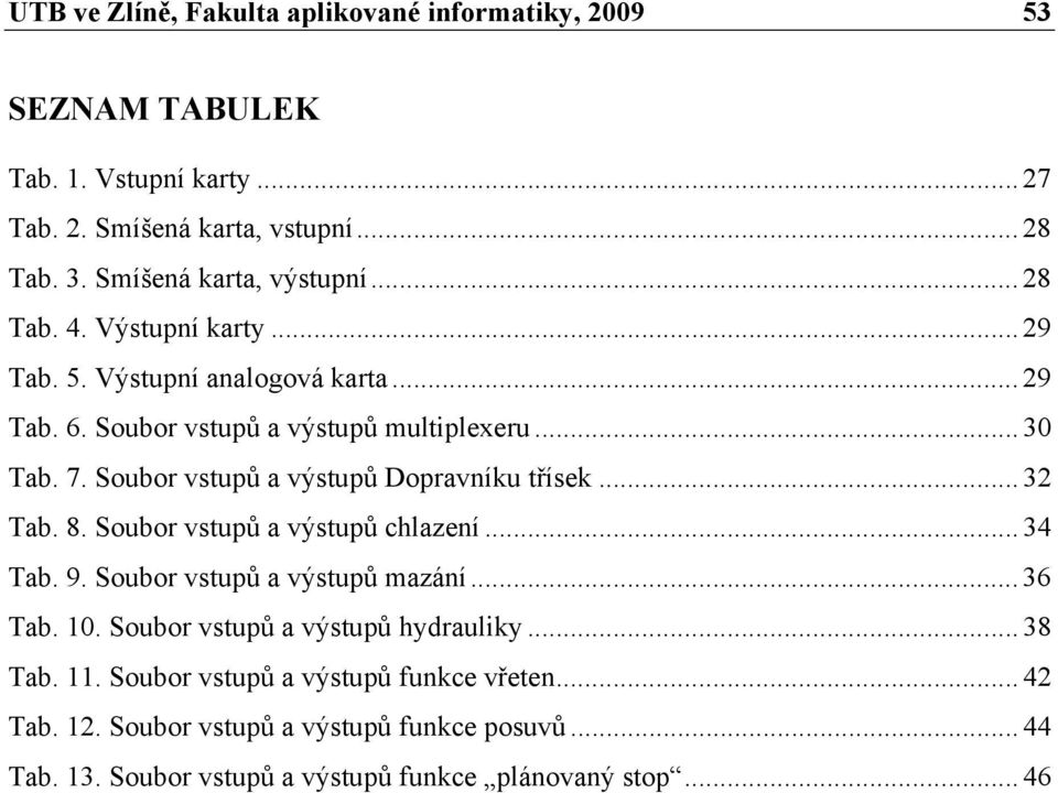 Soubor vstupů a výstupů Dopravníku třísek... 32 Tab. 8. Soubor vstupů a výstupů chlazení... 34 Tab. 9. Soubor vstupů a výstupů mazání... 36 Tab. 10.